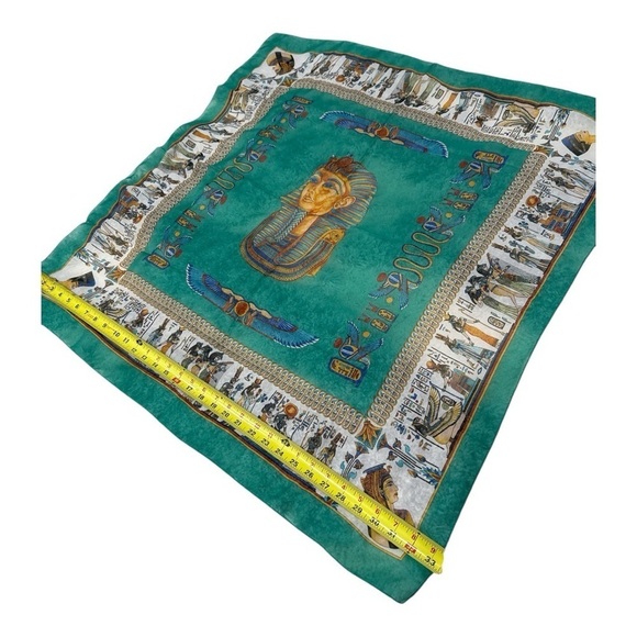 EGYPT Souvenir Silky Scarf Gorgeous Turquoise& Yellow Tutankhamun 34” Square - Picture 7 of 10